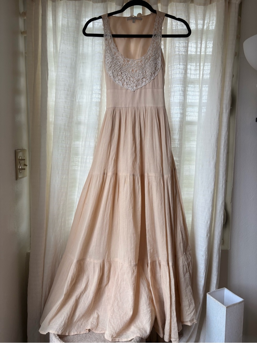 Anthropologie Wendy Katlin Sleeveless Cream Maxi Dress with Lace Yoke